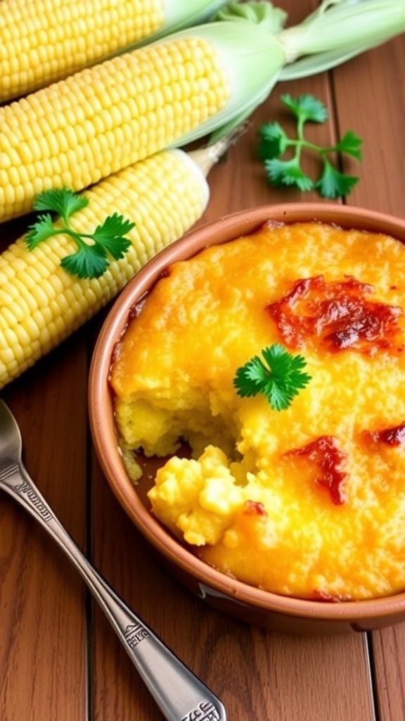 Classic Corn Pudding Recipe A golden-brown corn pudding in a ceramic dish with a spoon, surrounded by fresh corn and parsley.